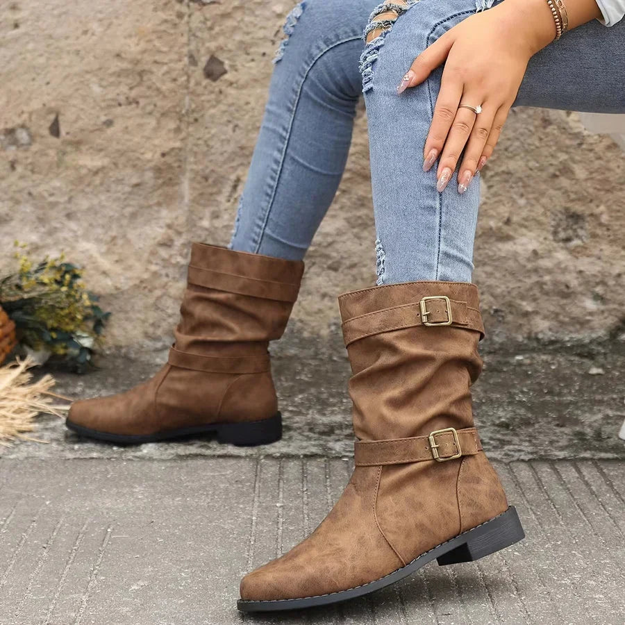 R&B | Vintage Schnalle Strap Western Ankle Boots für Frauen