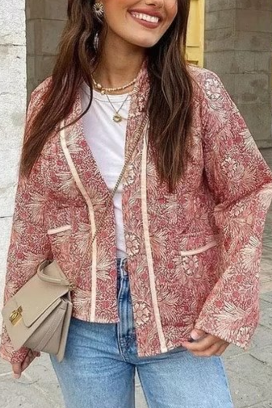 R&B | Print Lockere V-Ausschnitt Cardigan Baumwolljacke