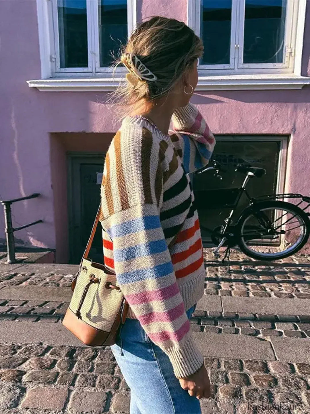 R&B | Bunter Gestreifter Vintage Strickpullover mit Rundhalsausschnitt