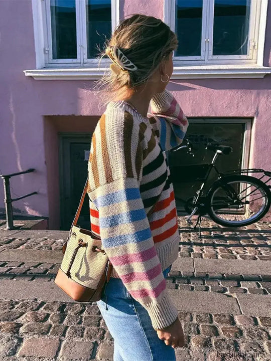 R&B | Bunter Gestreifter Vintage Strickpullover mit Rundhalsausschnitt