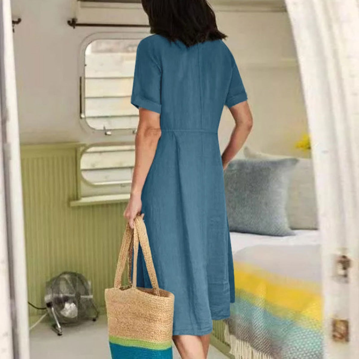 R&B | Lockeres Kleid aus Baumwolle und Leinen mit hoher Taille