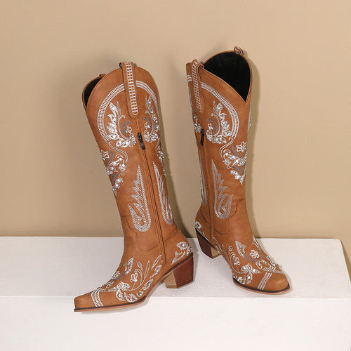 R&B | Bestickte Western Denim Retro Damen Knielange Stiefel