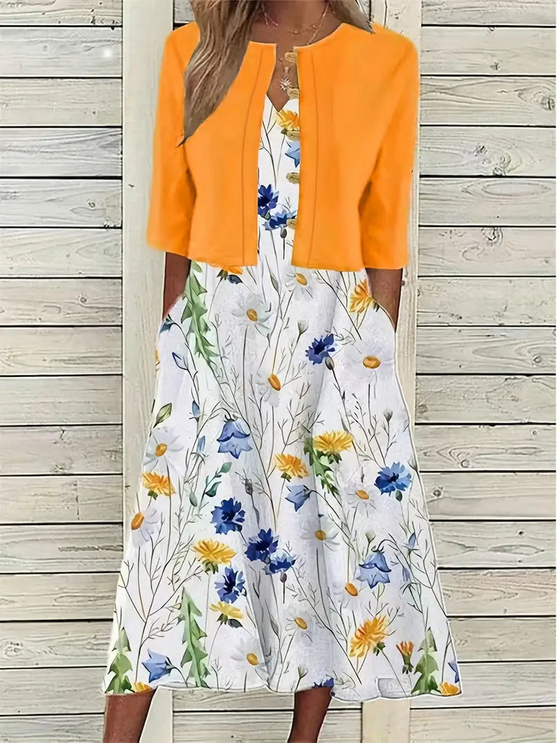 Heidi-Mode – elegantes zweiteiliges blumenkleid-set mit einfarbigem crop-top und kleid mit rundhalsausschnitt