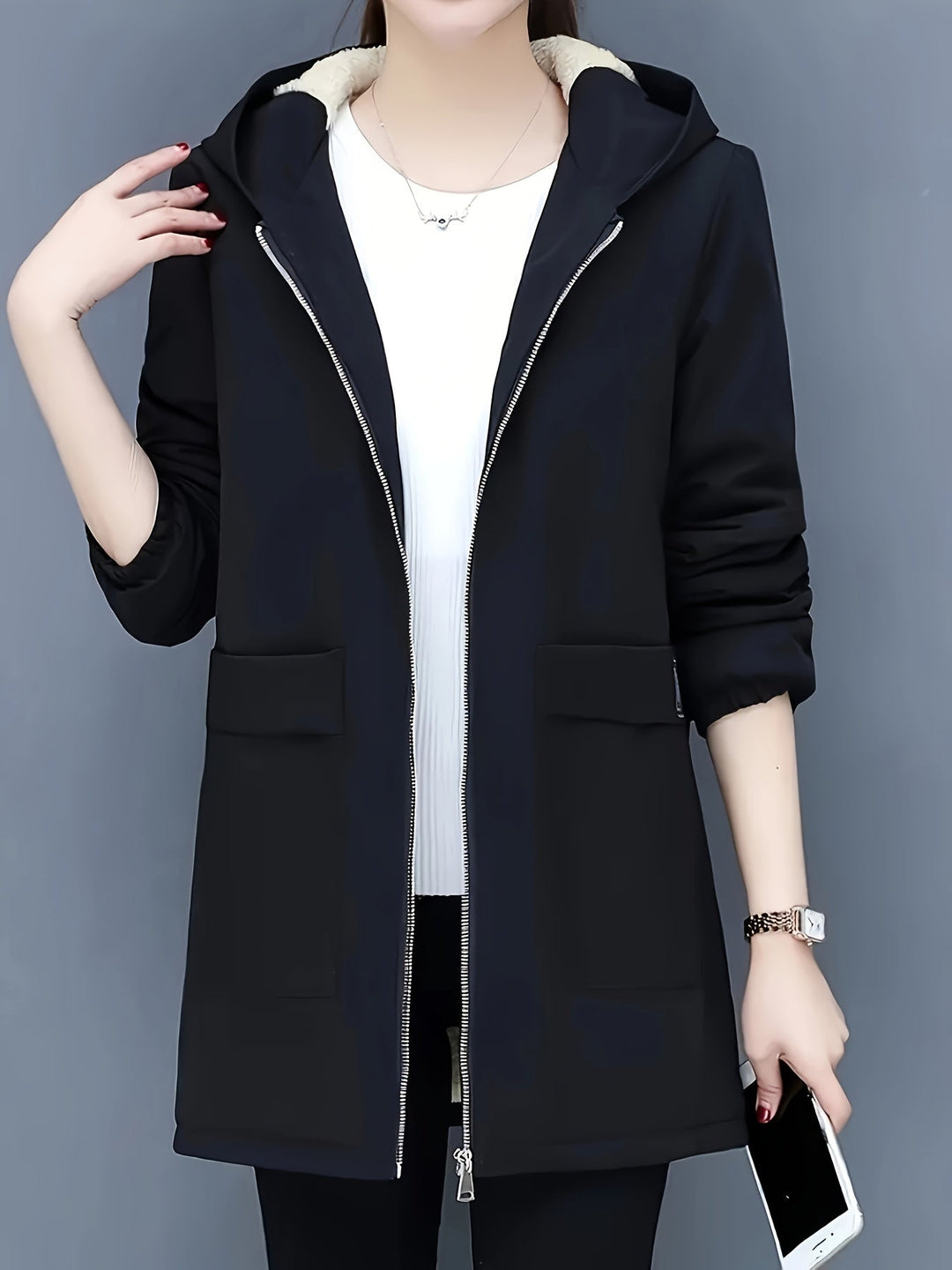 R&B | Stylische warme Fleece-Winterjacke mit Kapuze und Reißverschluss Ideal für Herbst/Winter