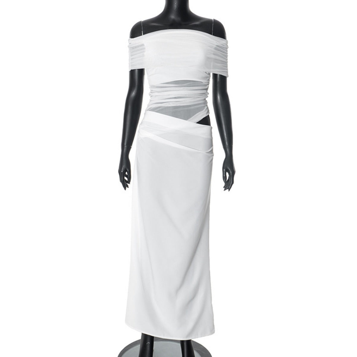 R&B | Ein-Wort-Kragen-Plissee-Kleid aus Mesh mit diagonaler Spanne