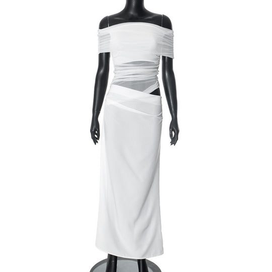 R&B | Ein-Wort-Kragen-Plissee-Kleid aus Mesh mit diagonaler Spanne