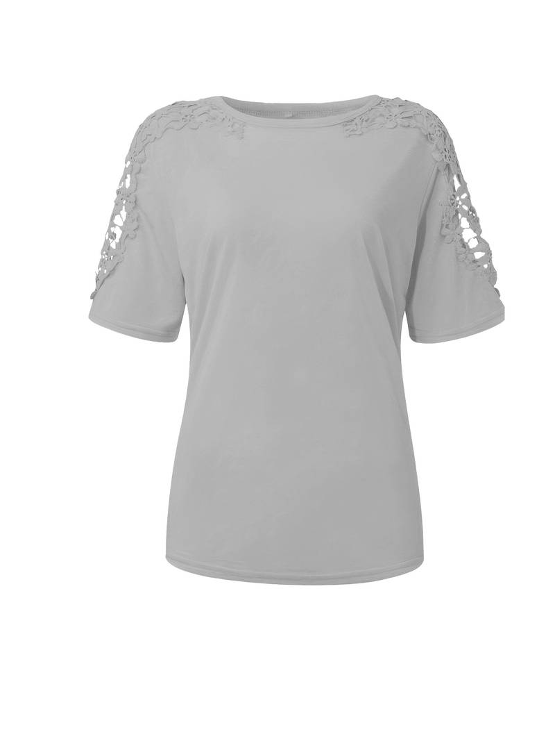 R&B | Unifarbiges T-Shirt mit Rundhalsausschnitt und Spitzennaht