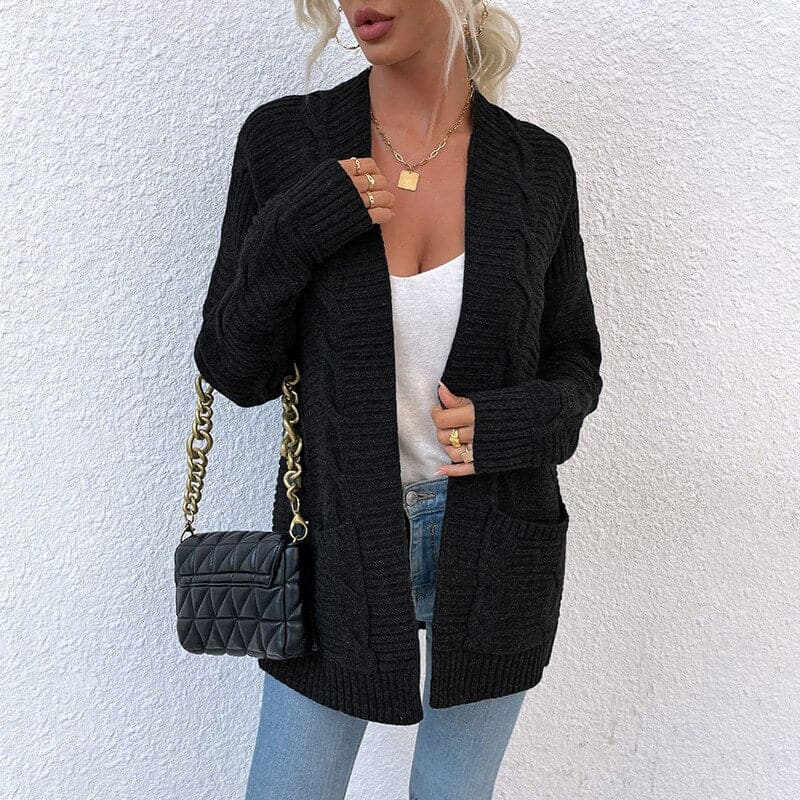R&B | Cardigan - Strick Kabelstrick - Offene Front - Lange Ärmel mit Taschen