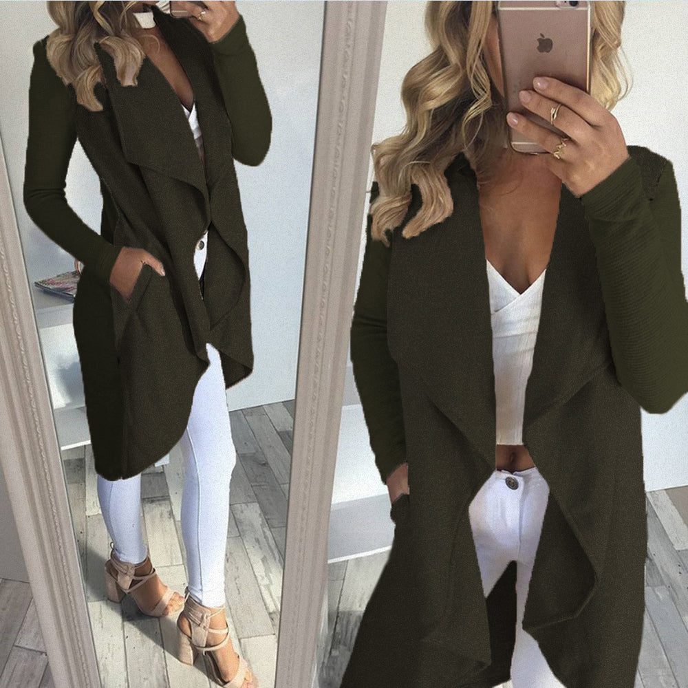 Damen langer Cardigan mit trendiger Drapierung und praktischen Taschen R&B