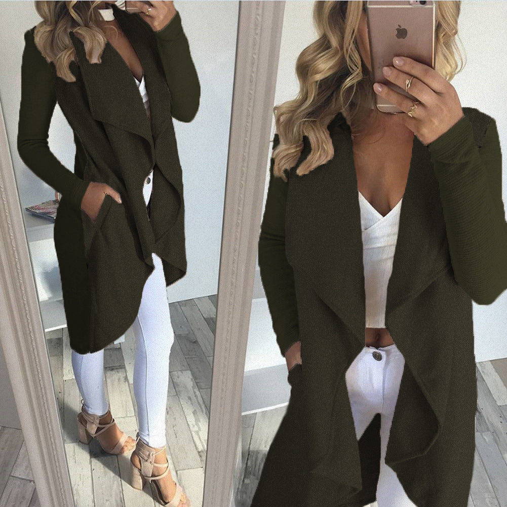 Damen langer Cardigan mit trendiger Drapierung und praktischen Taschen R&B