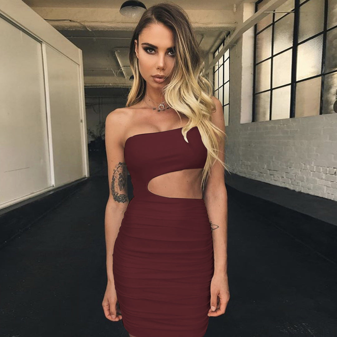 Damen figurbetontes Minikleid mit Cut-Out und asymmetrischem Ausschnitt R&B