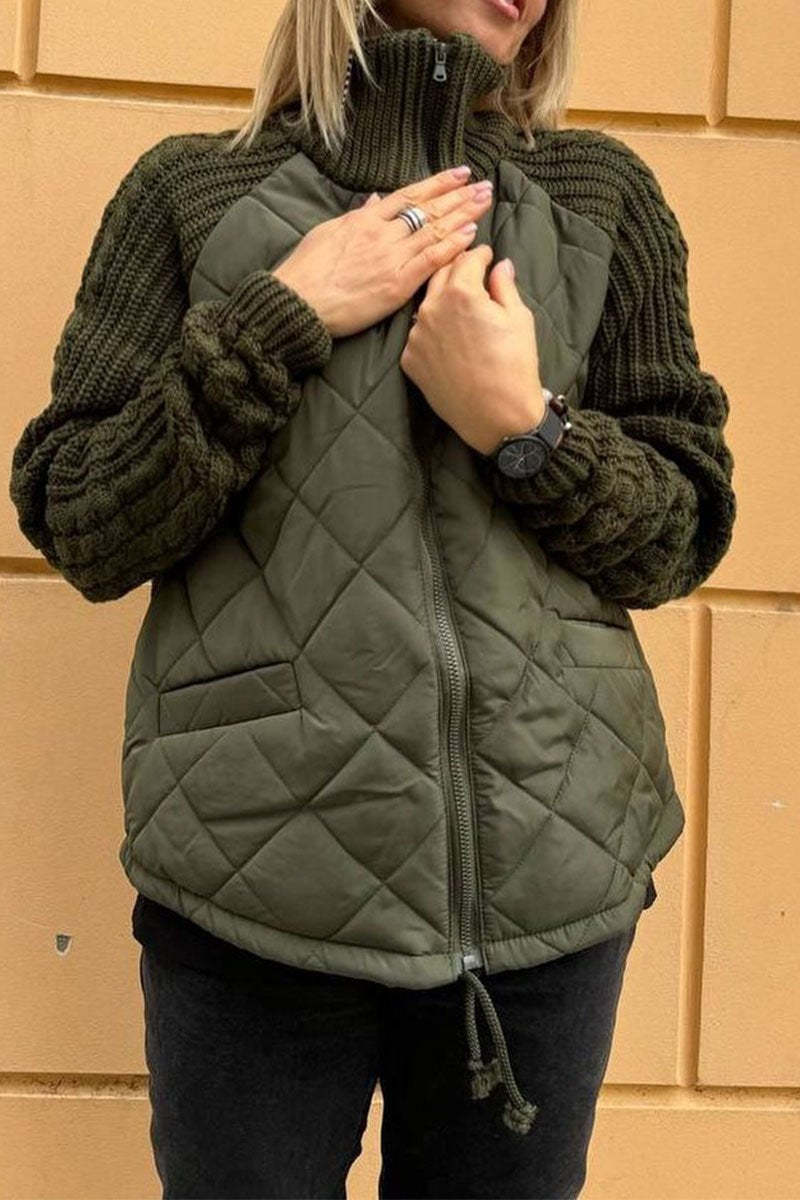 R&B | Lässige einfarbige gestrickte Patchwork-gefütterte Jacke