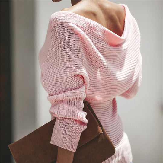 Damen Off-Shoulder Strickpullover mit Wickeldesign und lockerer Passform R&B