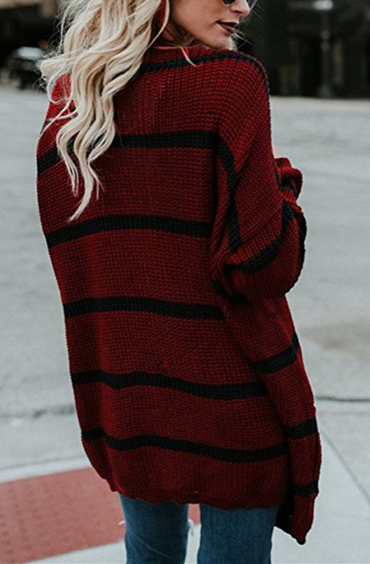 Damen lässiger Strickcardigan mit breitem Streifenmuster und offenen Ärmeln R&B