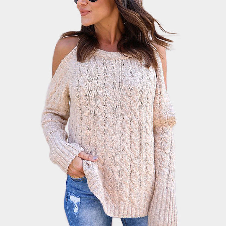 Damen Grobstrickpullover mit offenem Schulterdesign und Zopfmuster R&B