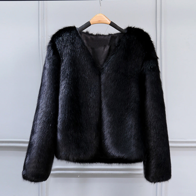 Damen Elegante Kunstfelljacke mit V-Ausschnitt und weichem Innenfutter R&B