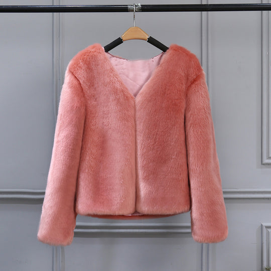 Damen Elegante Kunstfelljacke mit V-Ausschnitt und weichem Innenfutter R&B