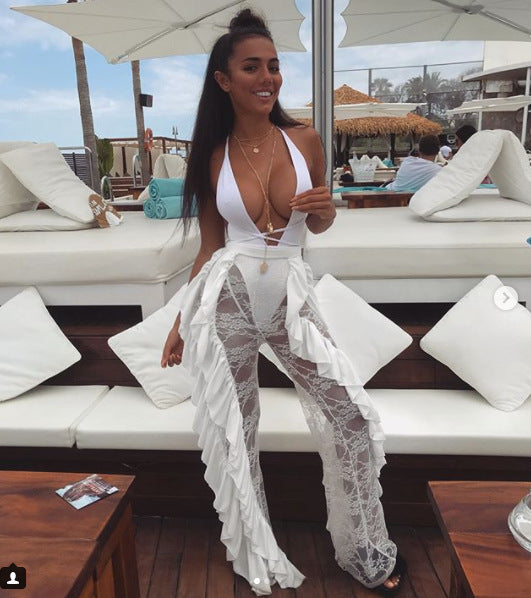 Damen Elegante weite Spitzenhose mit Rüschendetails und hohem Bund R&B