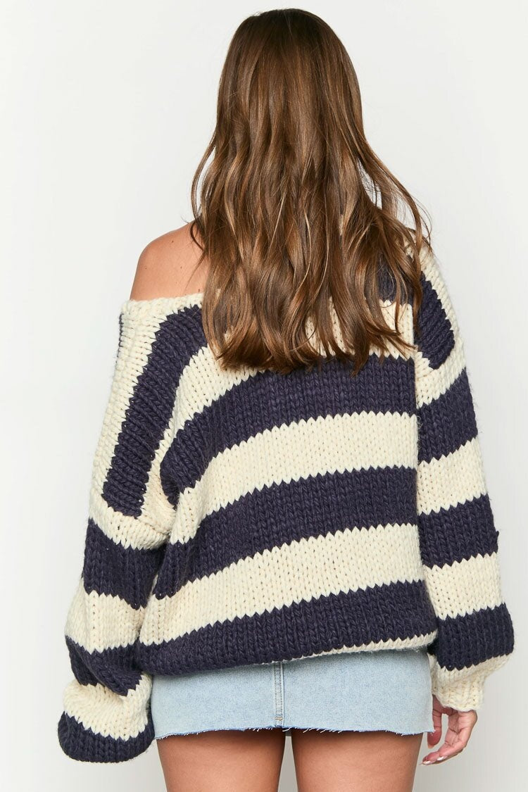 R&B | Gestreifter Strickpullover mit Schulterfreiem Design Schicker Herbstpullover