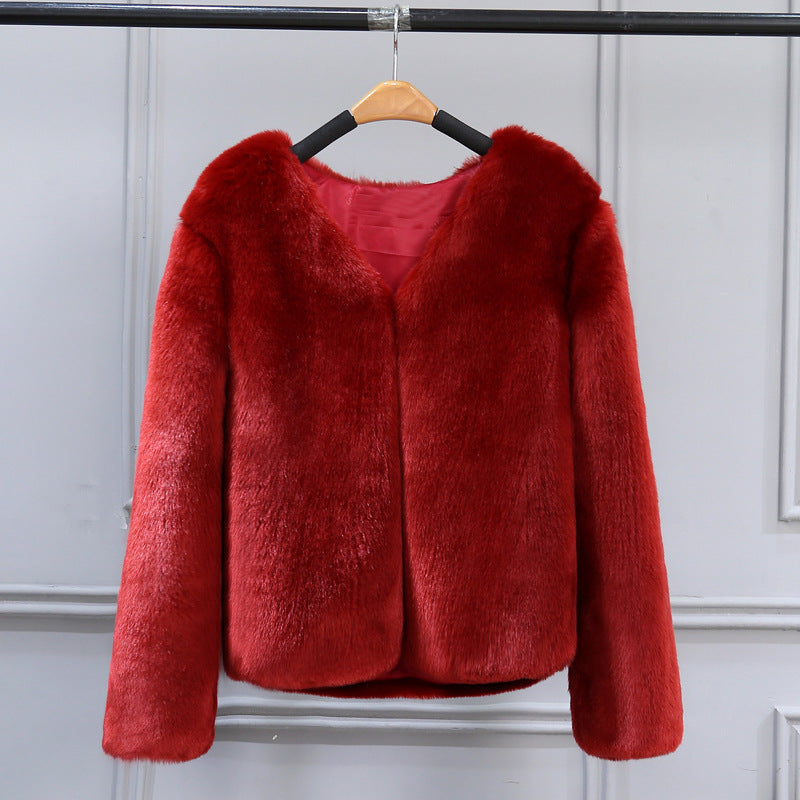 Damen Elegante Kunstfelljacke mit V-Ausschnitt und weichem Innenfutter R&B