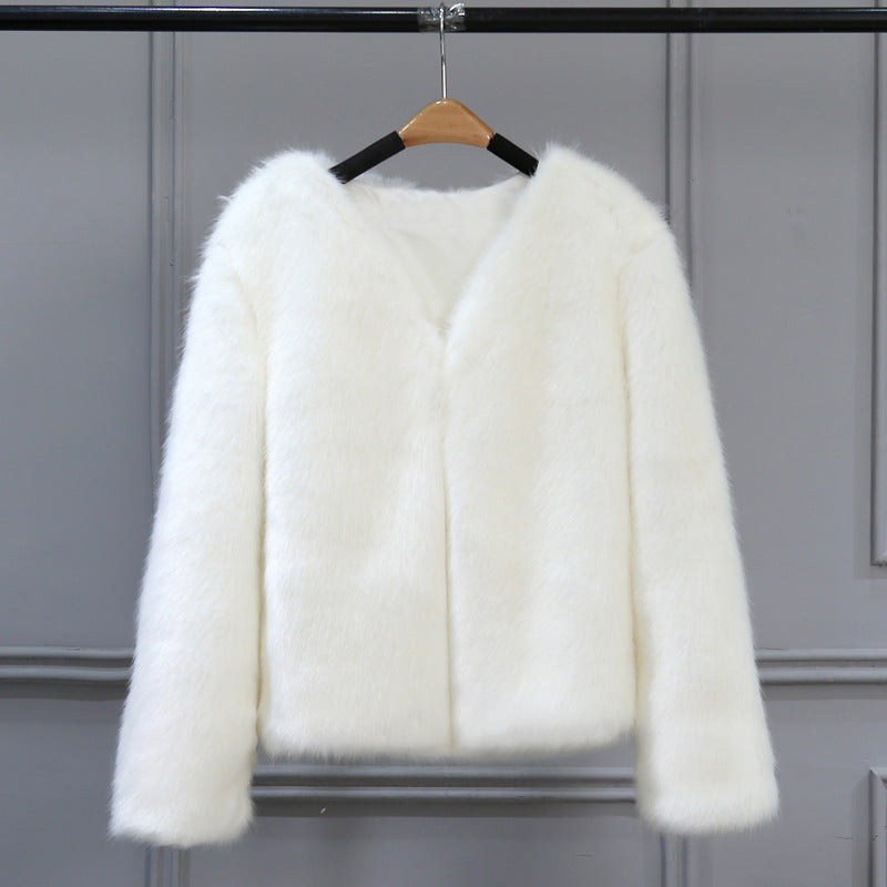Damen Elegante Kunstfelljacke mit V-Ausschnitt und weichem Innenfutter R&B