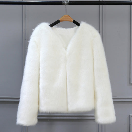 Damen Elegante Kunstfelljacke mit V-Ausschnitt und weichem Innenfutter R&B