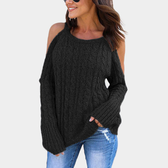 Damen Grobstrickpullover mit offenem Schulterdesign und Zopfmuster R&B