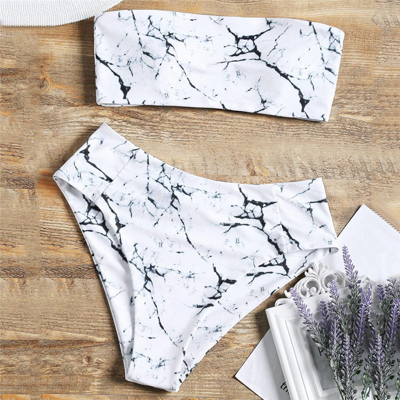 Damen Bandeau-Bikini mit elegantem Marmormuster R&B