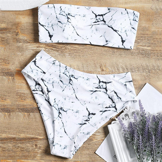 Damen Bandeau-Bikini mit elegantem Marmormuster R&B