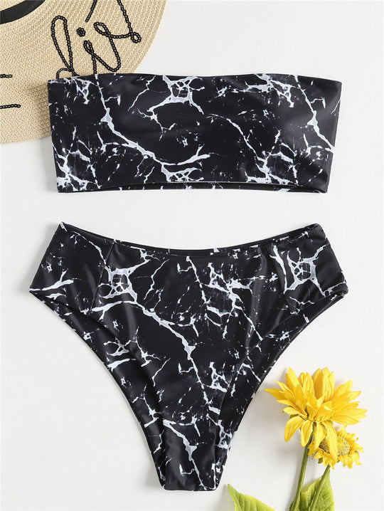 Damen Bandeau-Bikini mit elegantem Marmormuster R&B