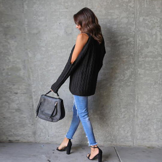Damen Strickpullover mit offenen Schultern und Zopfmuster R&B
