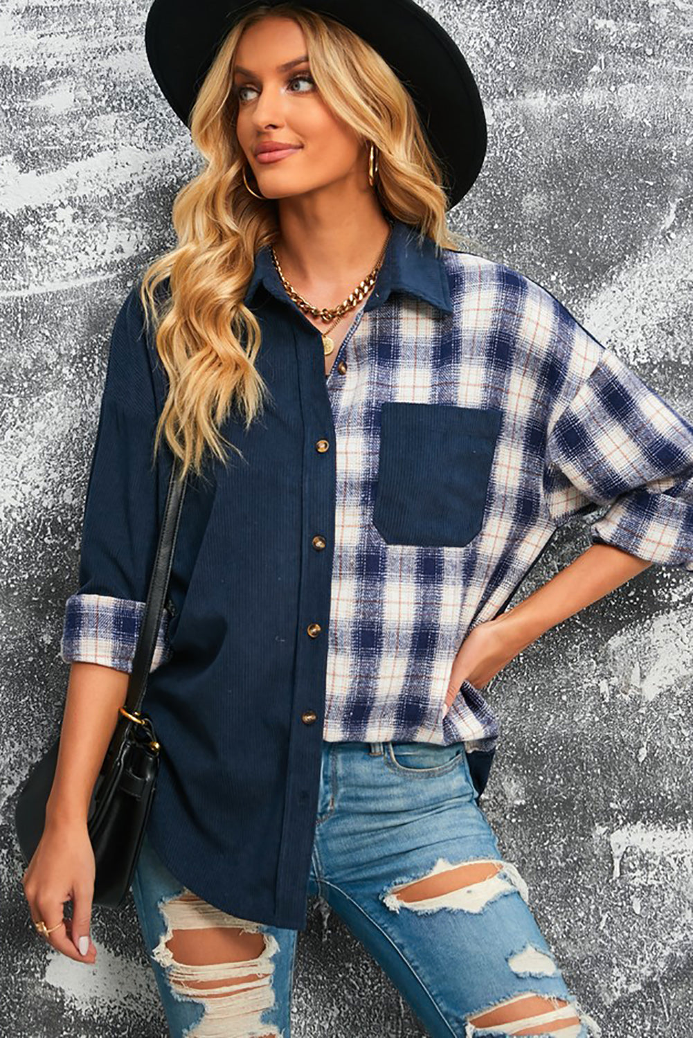 R&B | Karierte Farbblock Gefallen Schulter Corduroy Shacket