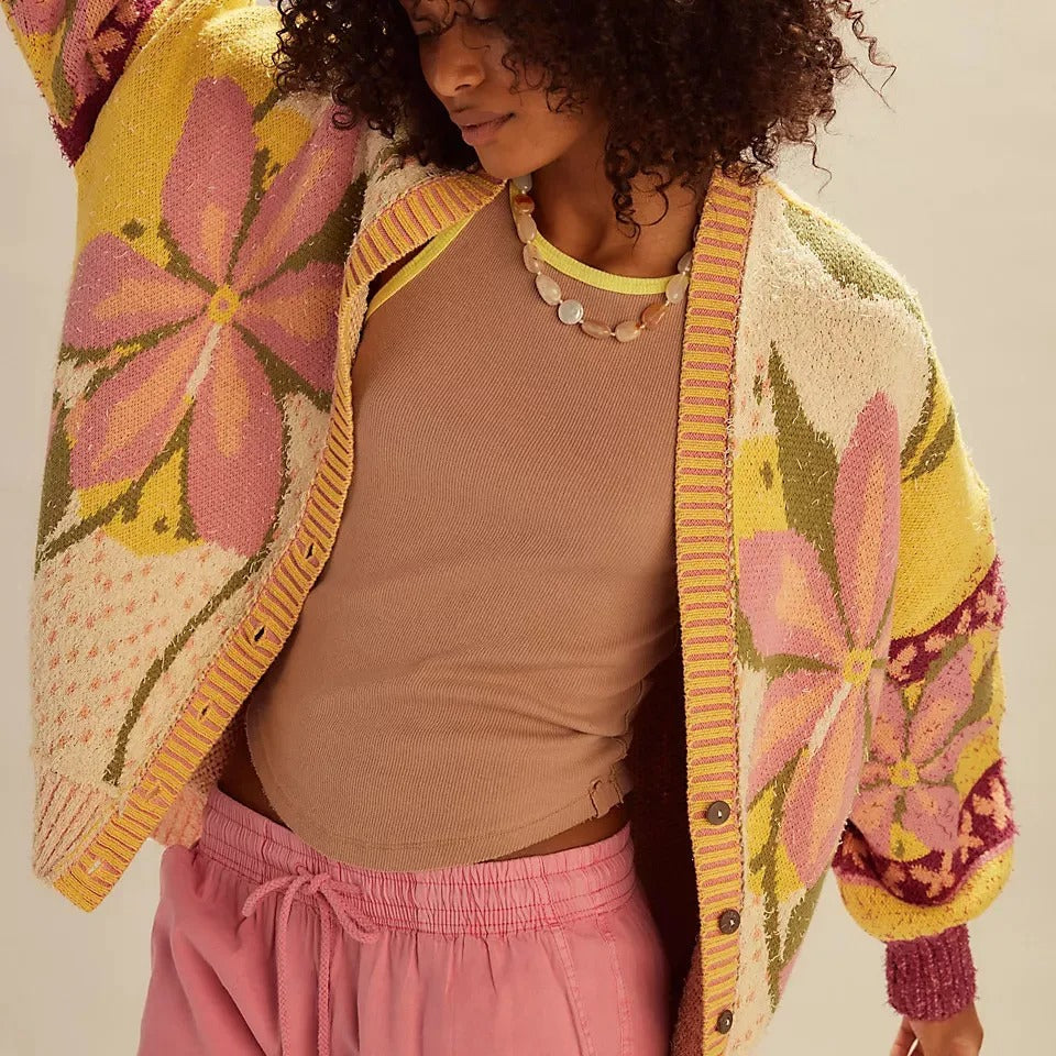 R&B | florale Strickjacke mit weitem Schnitt und langen Ärmeln