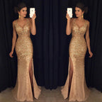 Damen Schimmerndes Abendkleid mit tiefem V-Ausschnitt und seitlichem Schlitz R&B