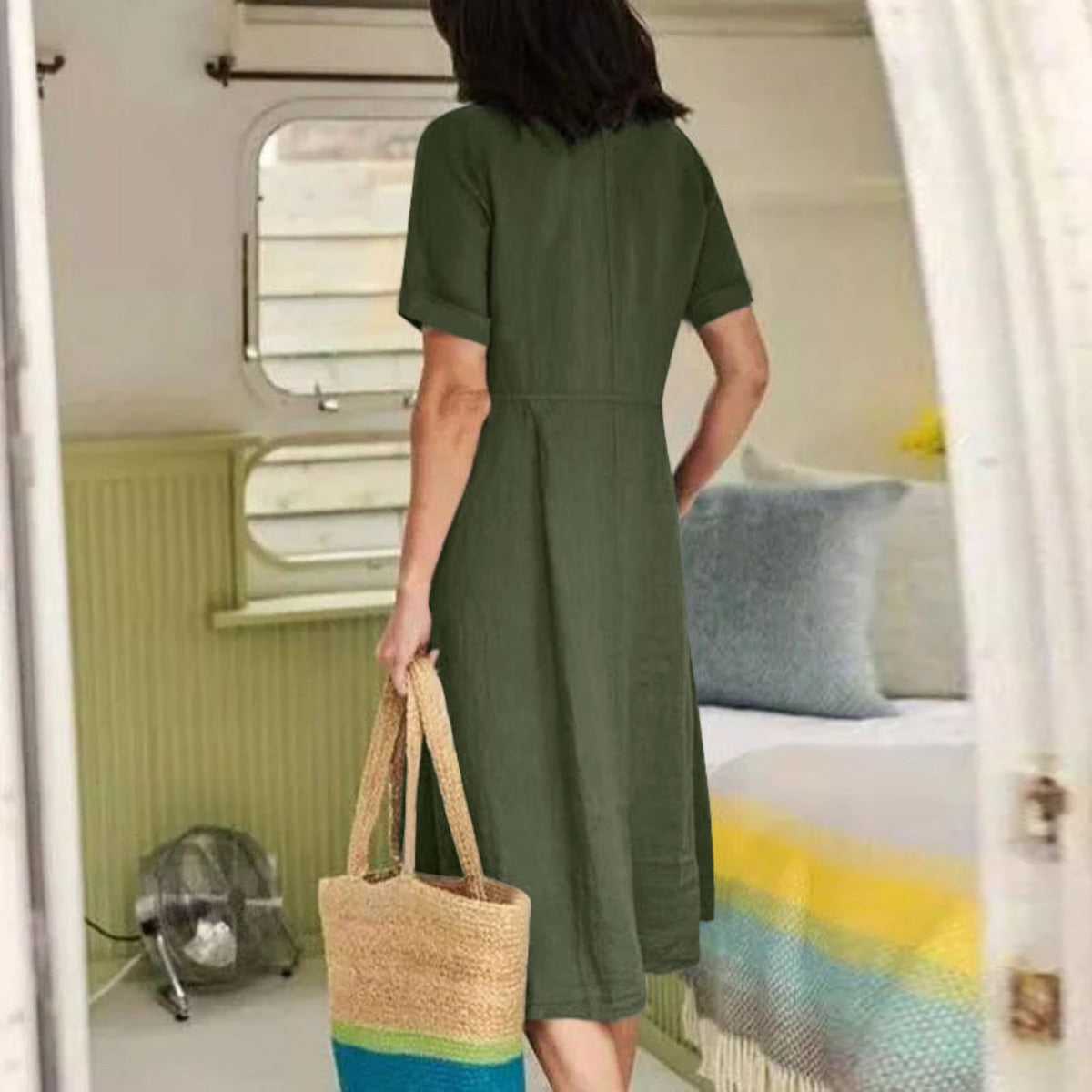 R&B | Lockeres Kleid aus Baumwolle und Leinen mit hoher Taille