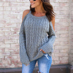 Damen Strickpullover mit offenen Schultern und strukturiertem Zopfmuster