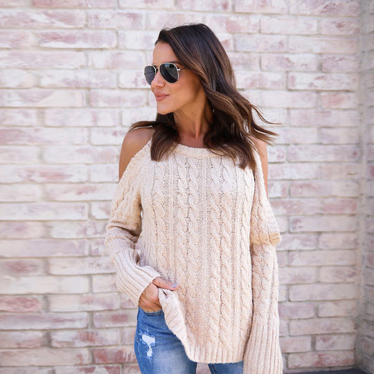 Damen Strickpullover mit offenen Schultern und Zopfmuster R&B
