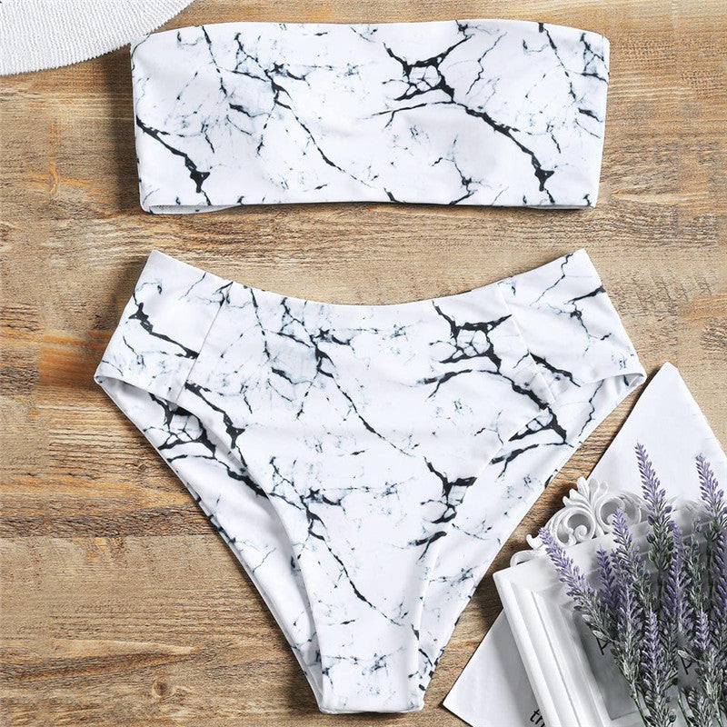Damen Bandeau-Bikini mit elegantem Marmormuster R&B