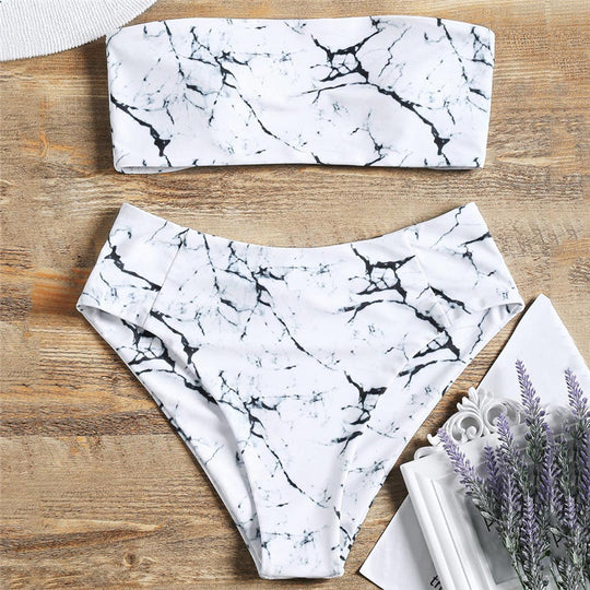 Damen Bandeau-Bikini mit elegantem Marmormuster R&B