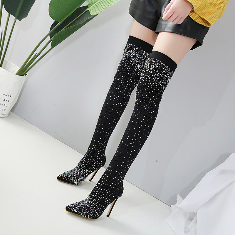 R&B | Strass Hohe Stiefel mit Absatz Bis Zum Oberschenkel
