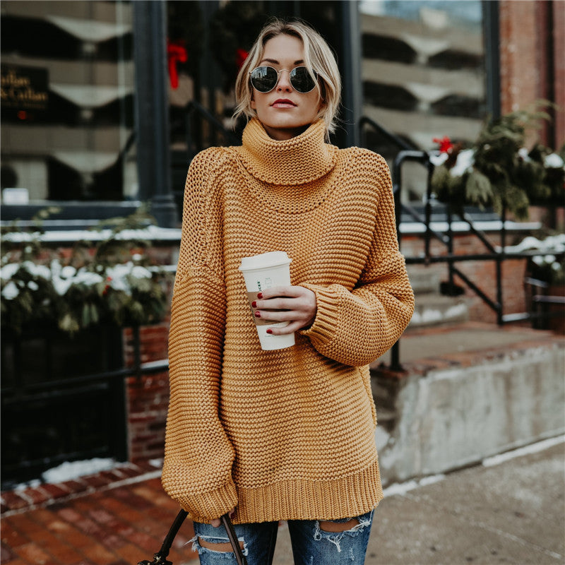 Damen Grobstrickpullover mit hohem Kragen und überschnittenen Schultern