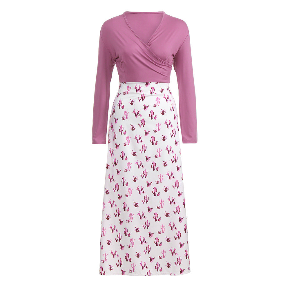 Damen Wickelkleid mit auffälligem Kaktusdruck und langen Ärmeln R&B