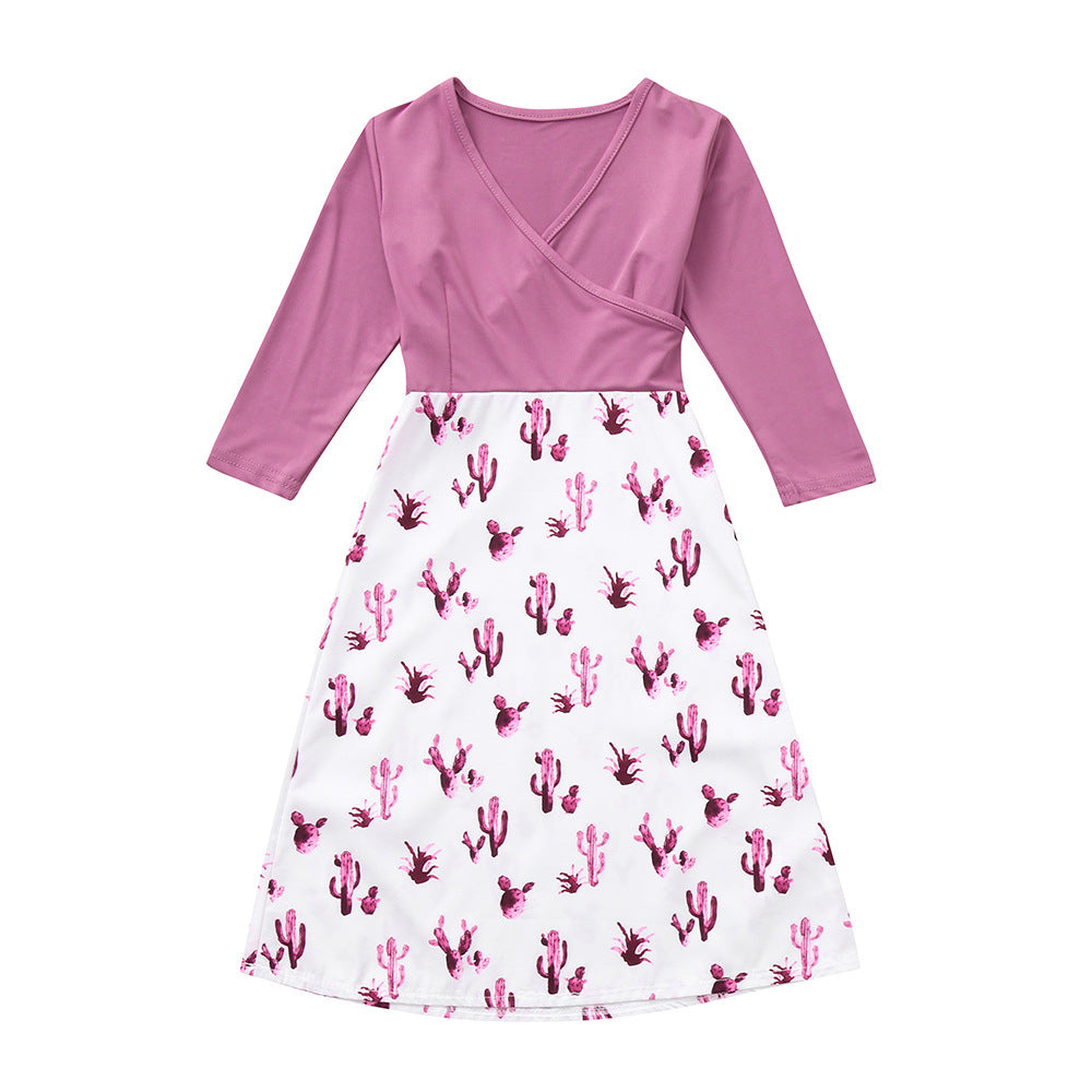 Damen Wickelkleid mit auffälligem Kaktusdruck und langen Ärmeln R&B