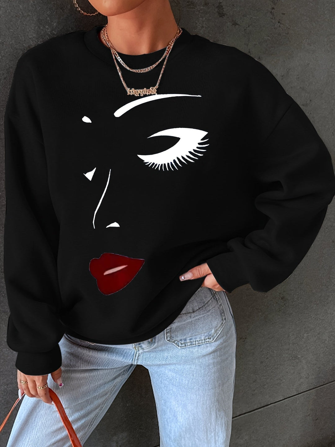 R&B | Sweatshirt mit Gesichtsdruck Baumwolle Künstlerisch und Bequem