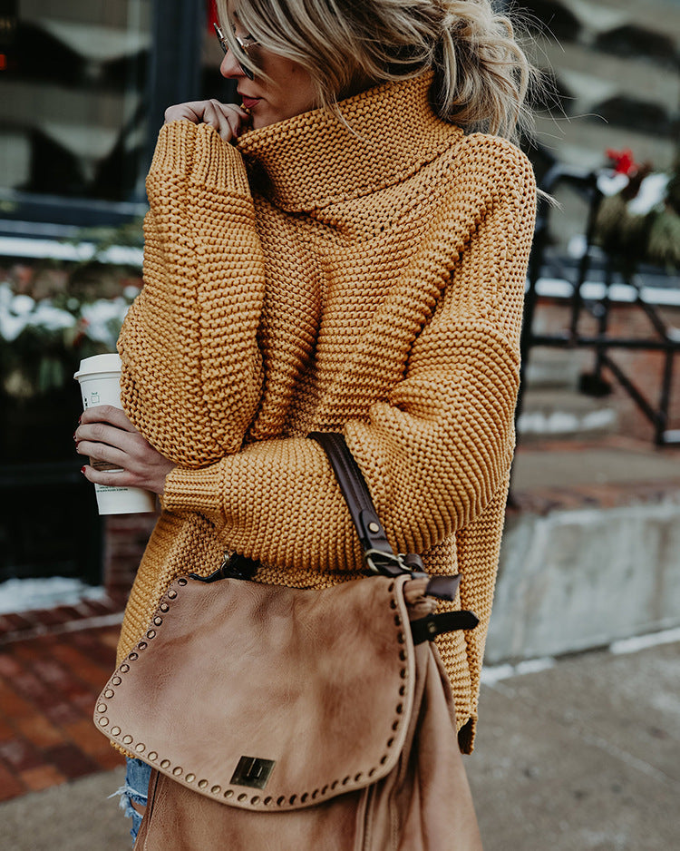 Damen Grobstrickpullover mit hohem Kragen und überschnittenen Schultern