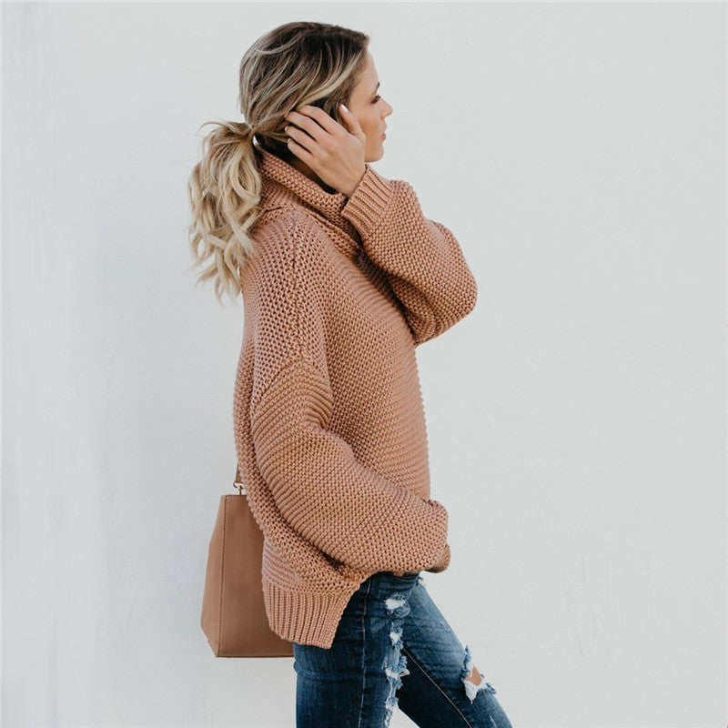 Damen Grobstrickpullover mit hohem Kragen und überschnittenen Schultern R&B