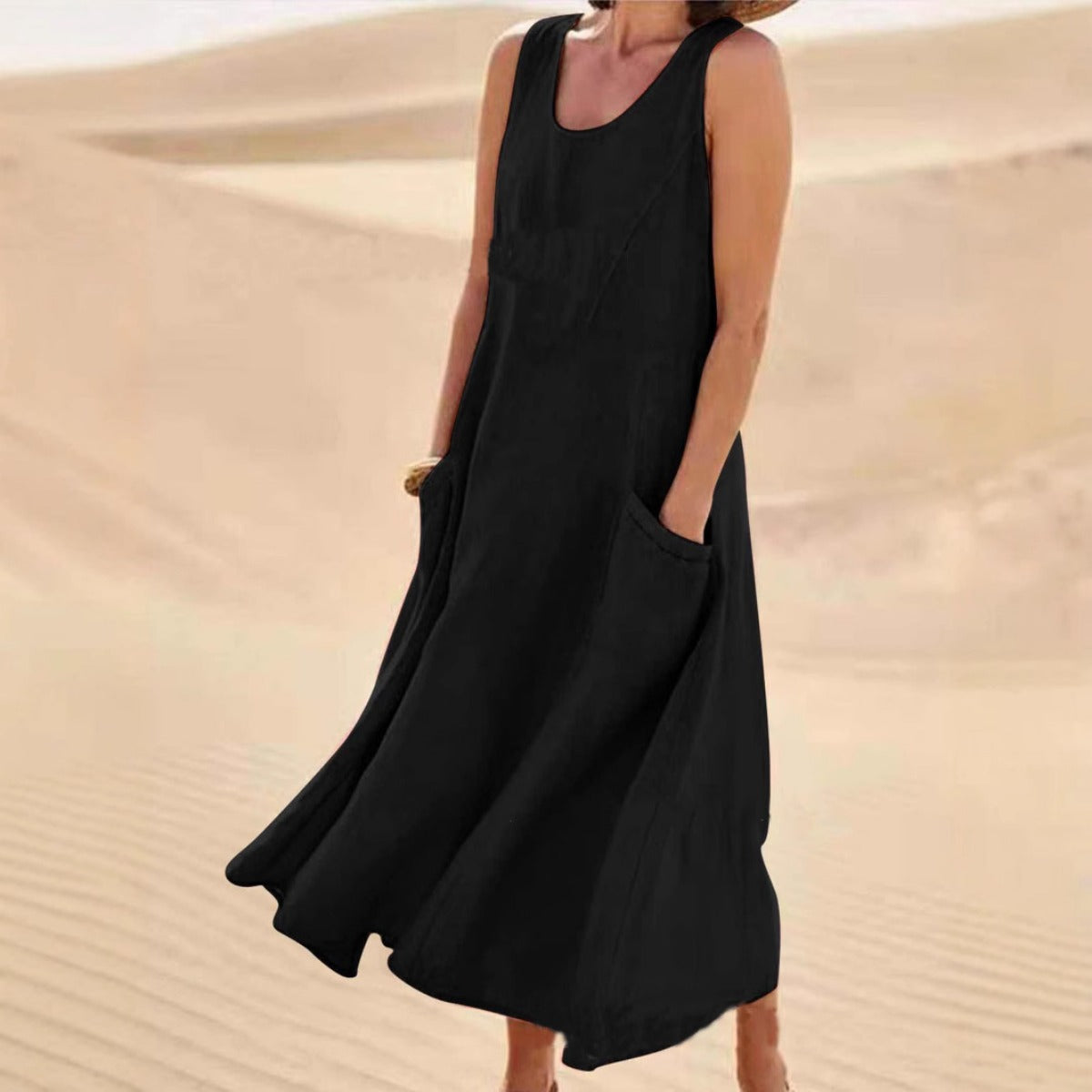 R&B | Ärmelloses Kleid aus Baumwolle mit Rundhalsausschnitt und Tasche