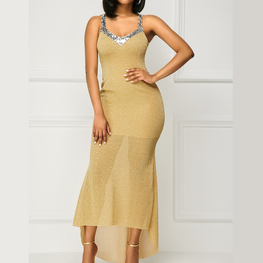 Damen Glitzerndes Abendkleid mit raffiniertem V-Ausschnitt und schwingendem Saum R&B