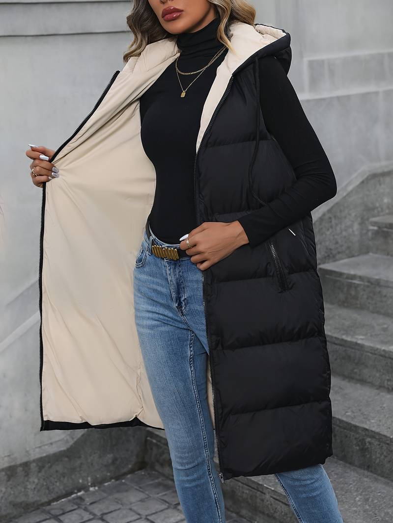 R&B | Damen Lange Weste Mit Kapuze Und Reißverschluss