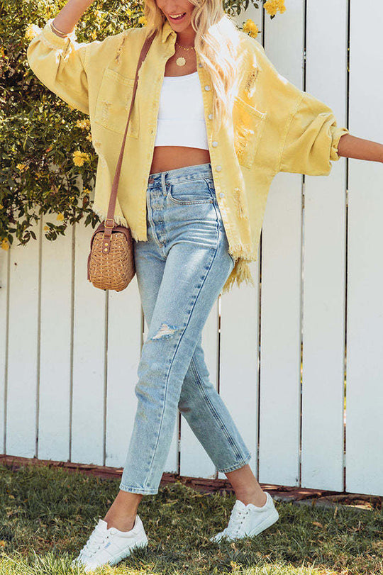 R&B | Revers Langarm Ripped Denim Jacke